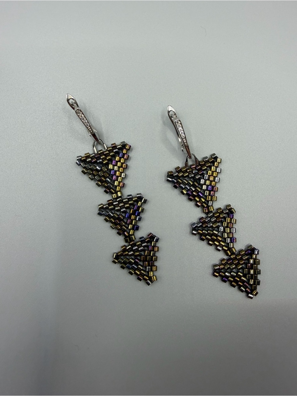 Handcrafted Iridescent Tri-Tier Bead Drop Earrings - Silver Hooks